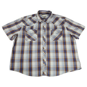 Duke Haband Classic Men 3X Brown Blue Plaid Pearl Snap Short Sleeve Western EUC